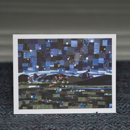 Eiblin Koch | A greeting card with a collage of the night sky across a grassy plain.